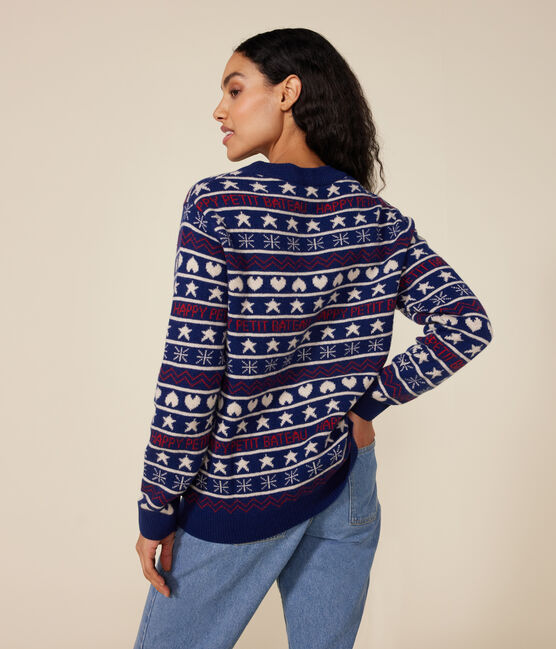 Damen-Pullover aus Woll-und Baumwolljacquard blau MEDIEVAL/weiss MULTICO