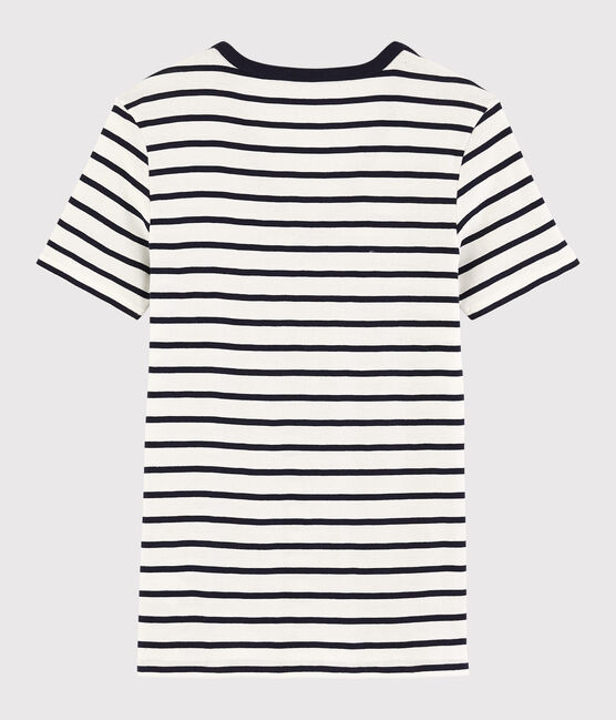 Klassisches Damen-T-Shirt mit V-Ausschnitt aus gestreifter Baumwolle weiss MARSHMALLOW/blau SMOKING