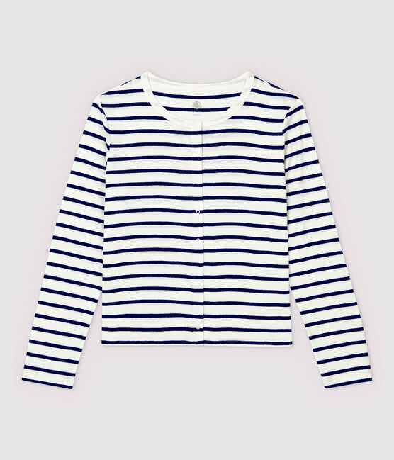 Cardigan aus gestreifter Baumwolle/Leinen Damen weiss MARSHMALLOW/blau MEDIEVAL