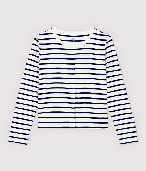 Cardigan aus gestreifter Baumwolle/Leinen Damen weiss/blau
