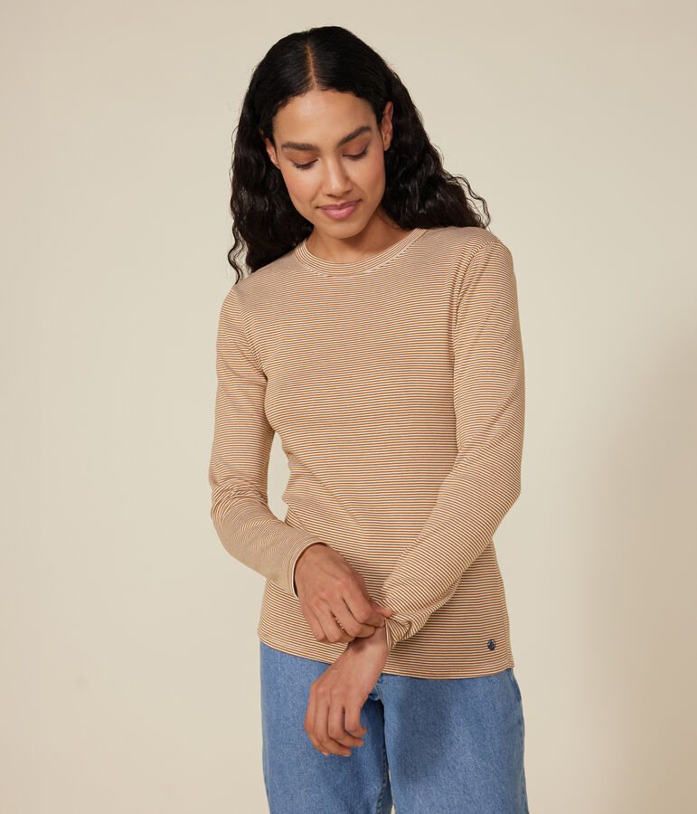 Lang&auml;rmeliges Damen-T-Shirt L'Iconique aus gestreiftem Rippstrick braun/weiss