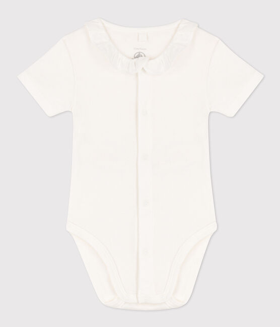 Kurzärmeliger Baby-Body aus Bio-Baumwolle mit Kragen weiss MARSHMALLOW