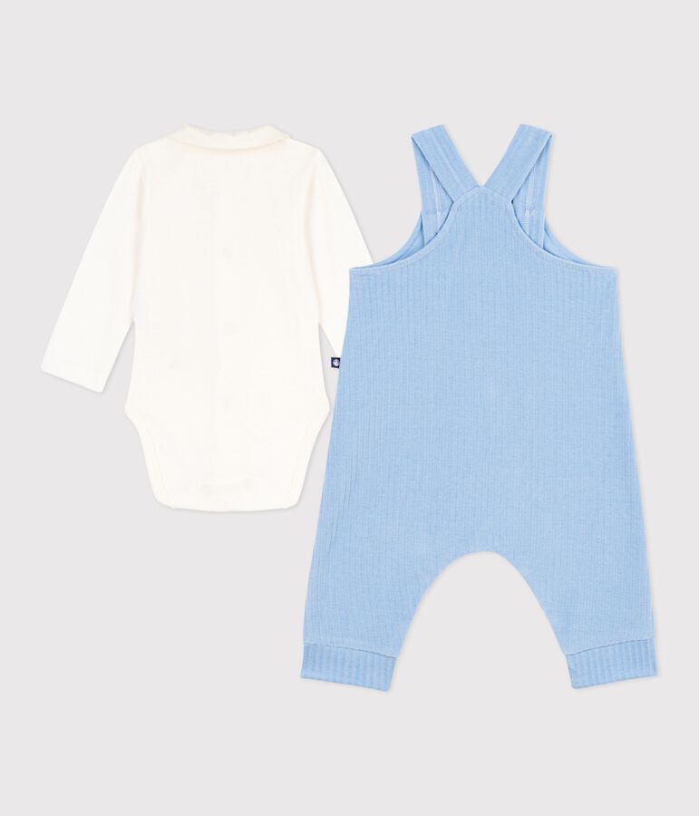 Baby-Set Latzhose/Body aus einfarbiger Baumwolle mit h&uuml;bschen Stickereien blau/naturfarben