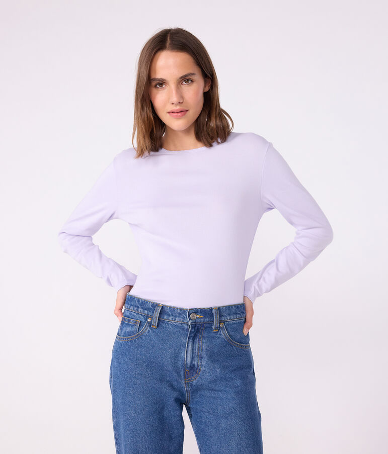 Lang&auml;rmeliges Damen-T-Shirt L&rsquo;Iconique aus Baumwolle mit Picotkante violett