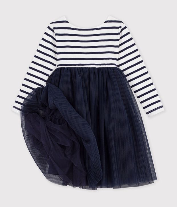 Lang&auml;rmeliges Kinder-Kleid aus Baumwolle und T&uuml;ll mit Streifen weiss/blau