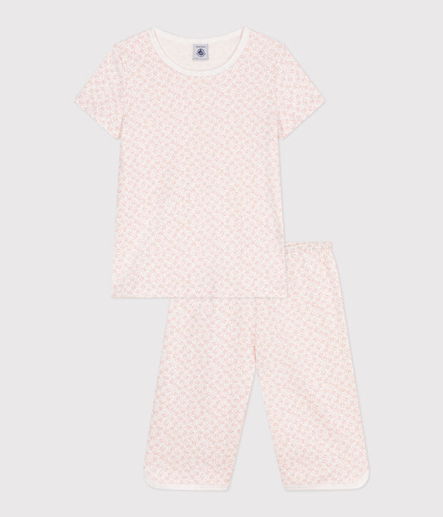 Kinder Capri-Pyjama aus Baumwolle mit Blumenmuster weiss/rosa