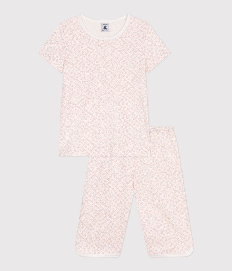 Kinder Capri-Pyjama aus Baumwolle mit Blumenmuster weiss/rosa