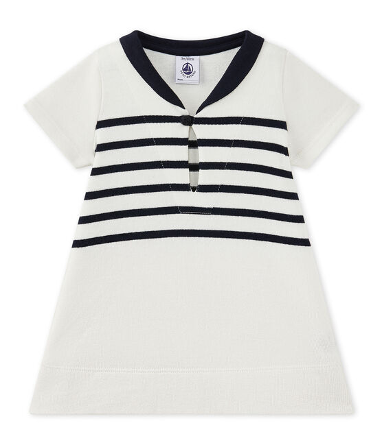 Gestreiftes Baby-Mädchen-Kleid aus schwerem Jersey weiss MARSHMALLOW/blau SMOKING