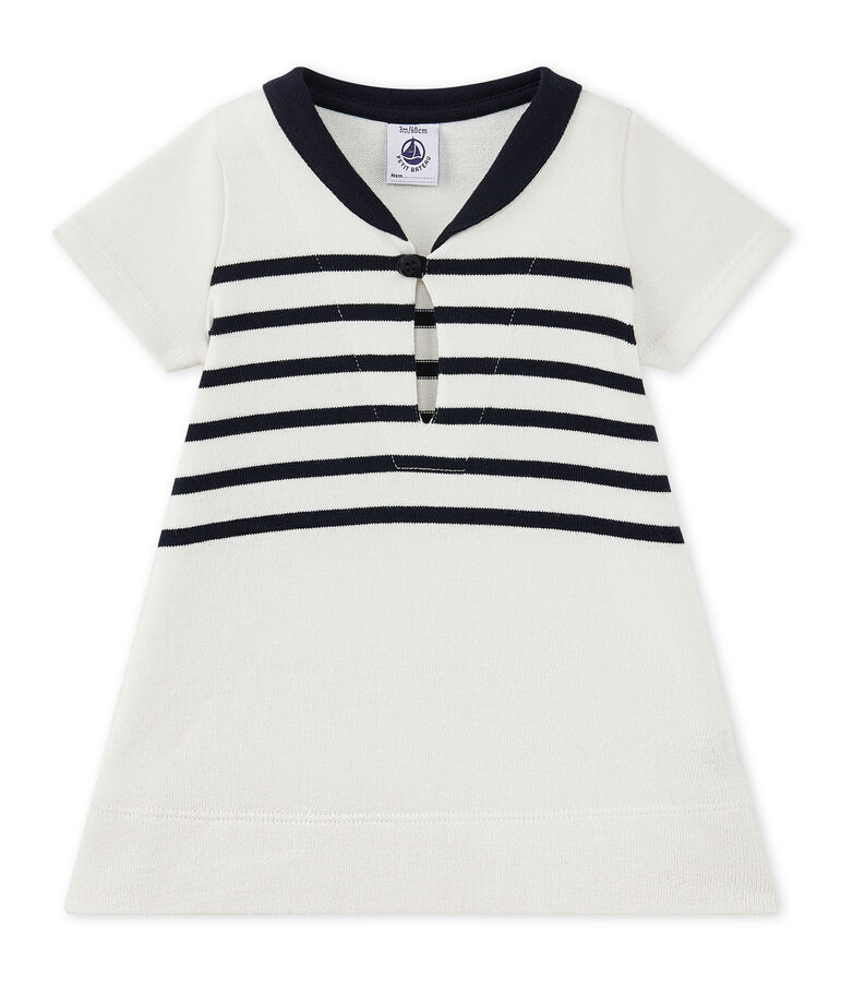 Gestreiftes Baby-M&auml;dchen-Kleid aus schwerem Jersey weiss MARSHMALLOW/blau SMOKING