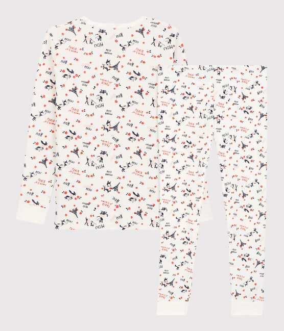 Snugfit-Kinderpyjama aus Bio-Baumwolle mit Paris-Print für Mädchen weiss MARSHMALLOW/weiss MULTICO