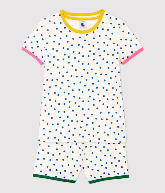 Kinder-Kurzpyjama aus Baumwolle mit blauem Punktmuster für Mädchen weiss MARSHMALLOW/ MALLARD