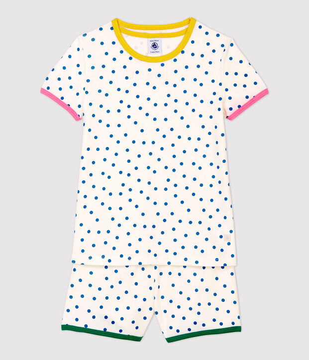 Kinder-Kurzpyjama aus Baumwolle mit blauem Punktmuster f&uuml;r M&auml;dchen weiss/blau