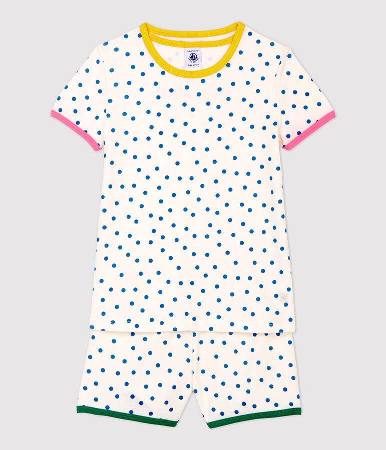 Kinder-Kurzpyjama aus Baumwolle mit blauem Punktmuster f&uuml;r M&auml;dchen weiss/blau