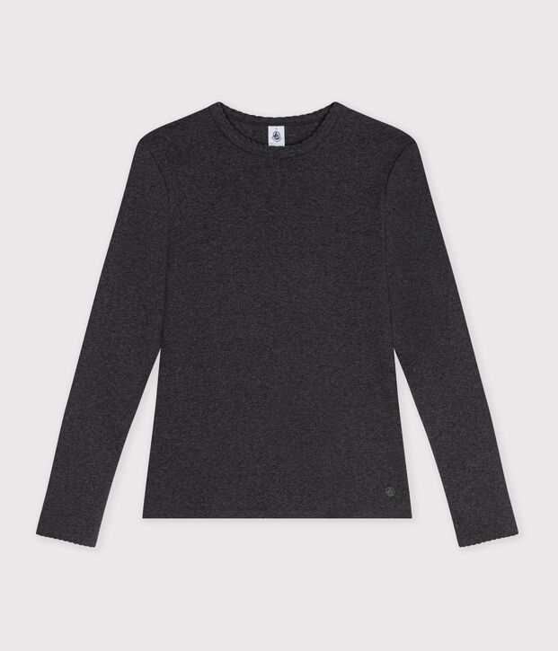 Lang&auml;rmeliges Damen-T-Shirt aus Baumwolle mit Picotkante grau