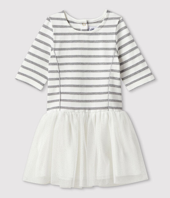 Kurzärmeliges Kinderkleid für Mädchen weiss MARSHMALLOW/grau ARGENT