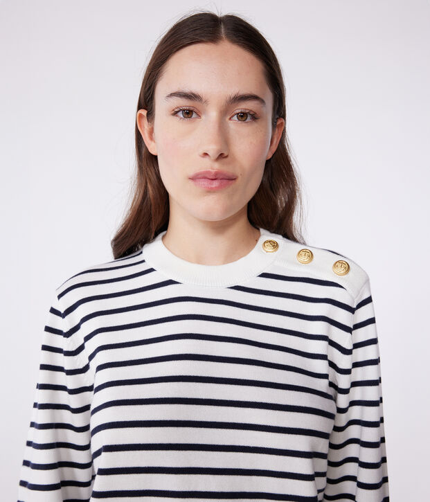 Damen-Marinepullover aus Baumwolle mit Streifen weiss/blau