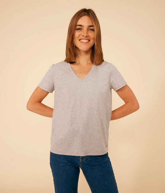 Damen-T-Shirt LE DROIT aus Baumwolle mit V-Ausschnitt grau CHATON CHINE