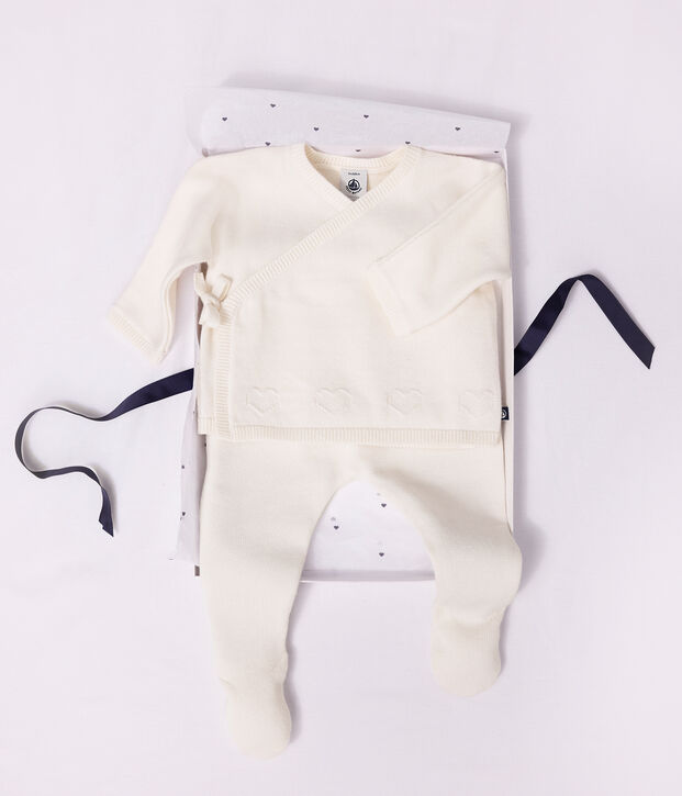 Baby-Wickeljacke aus Woll- und Baumwollstrick mit Lochstickerei weiss