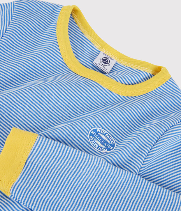Kinderpyjama aus Bio-Baumwolle mit Ringelstreifen blau/weiss