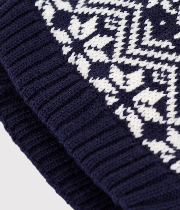 Kinder-M&uuml;tze aus Jacquard-Wollstoff blau/weiss