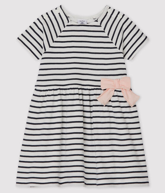 Kurzärmeliges gestreiftes Babykleid für Mädchen weiss MARSHMALLOW/blau SMOKING