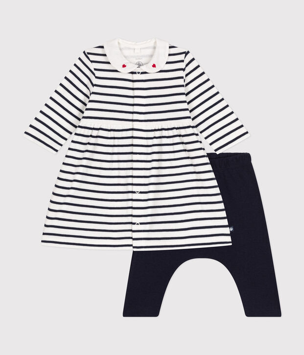 Baby-Kleid und Leggings aus Baumwolle weiss/blau