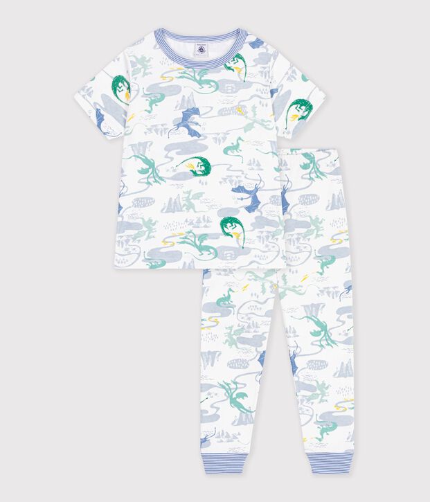 Kurz&auml;rmeliger Kinder-Pyjama mit langen Beinen aus bedruckter Baumwolle weiss/vielfarbig