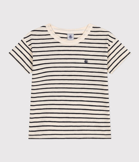 Gestreiftes Jungen-T-Shirt aus geflammtem Jersey weiss AVALANCHE/blau SMOKING