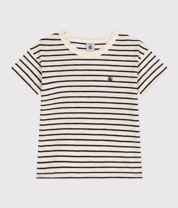 Gestreiftes Jungen-T-Shirt aus geflammtem Jersey naturfarben/blau