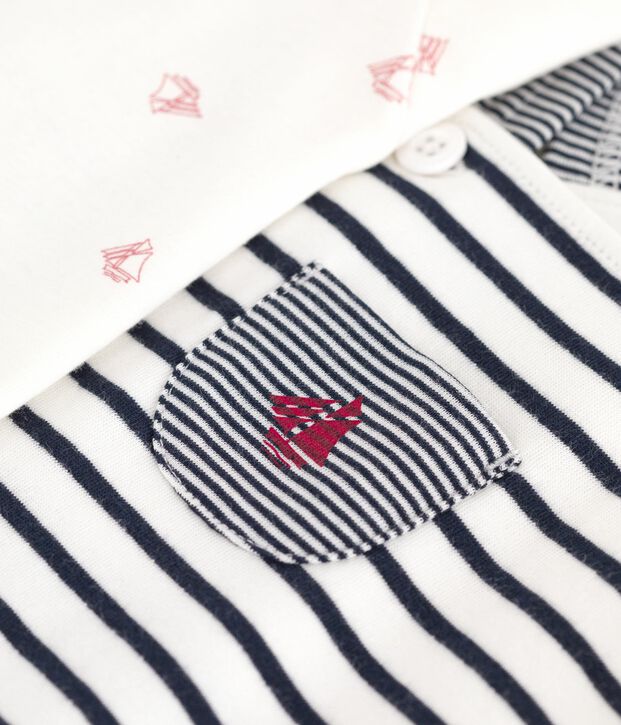 Baby-Set Latzhose mit Marinestreifen und gemusterter Body weiss/blau