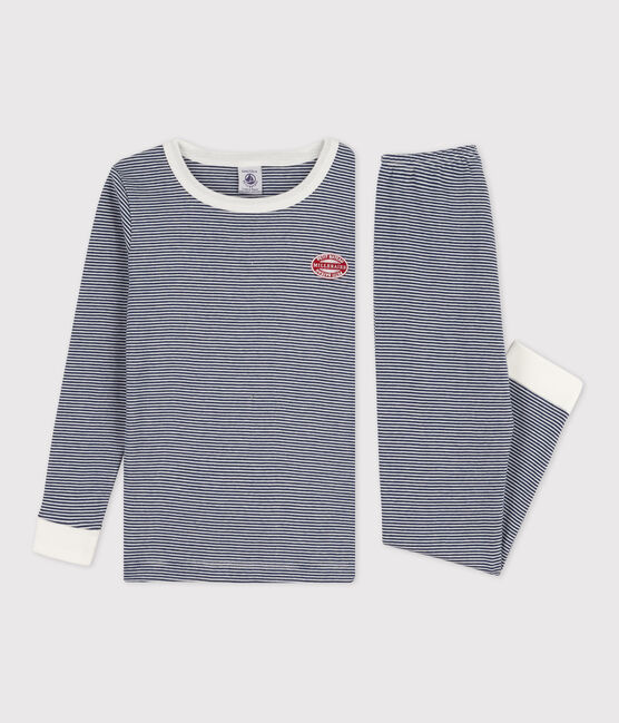 Kinderpyjama mit schlanker Passform aus Baumwolle mit Ringelstreifen blau MEDIEVAL/weiss MARSHMALLOW
