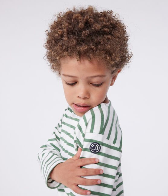 Langärmeliges Kinder-Unisex Streifenshirt aus Baumwolle grün MARSHMALLOW/ PALMERAIE