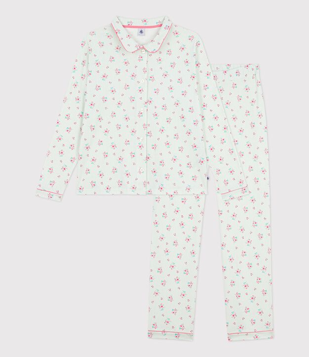 Damen-Pyjama aus gemusterter Baumwolle mit Knopfverschluss weiss/vielfarbig