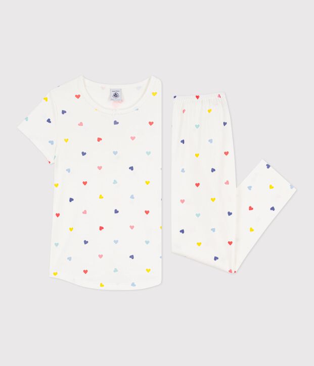 Kurz&auml;rmeliger Kinder-Pyjama mit langer Hose aus Baumwolle mit Herzmotiv weiss/vielfarbig