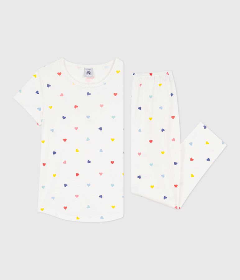 Kurz&auml;rmeliger Kinder-Pyjama mit langer Hose aus Baumwolle mit Herzmotiv weiss MARSHMALLOW/weiss MULTICO
