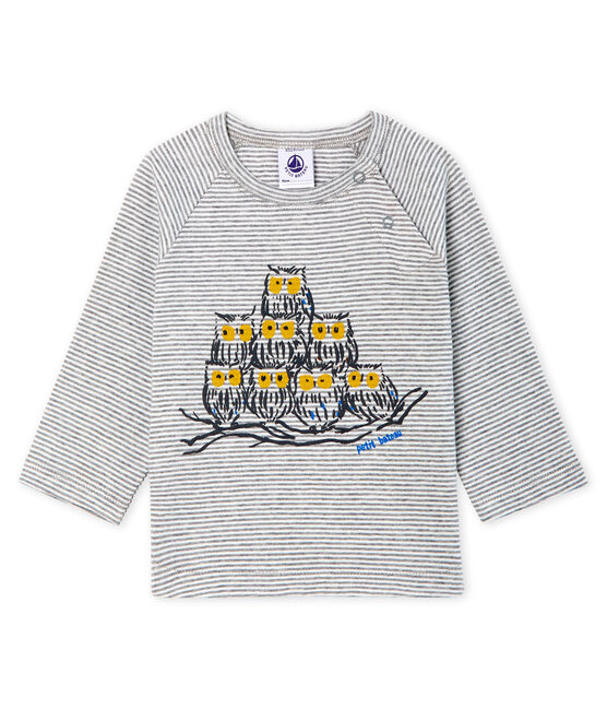Langärmeliges Baby-T-Shirt für Jungen mit Milleraies-Ringelmuster grau SUBWAY/weiss MARSHMALLOW