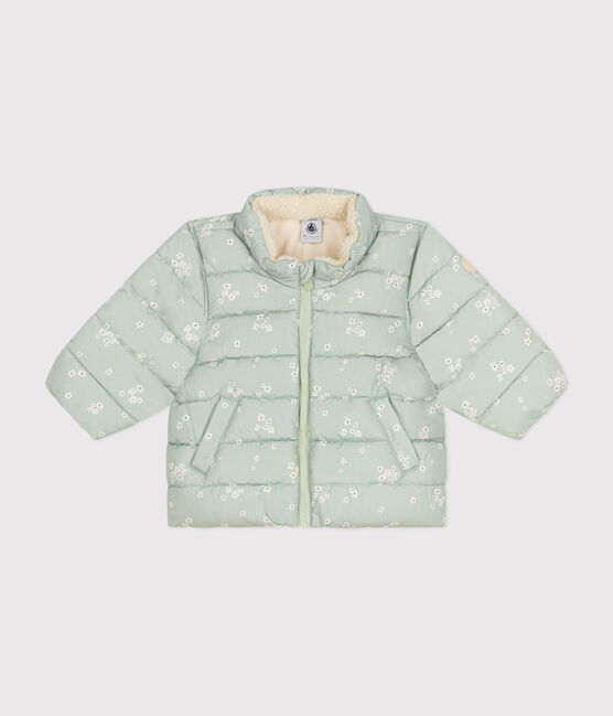 Gemusterte  Baby-Winterjacke mit einrollbarer Kapuze grün HERBIER/weiss MULTICO