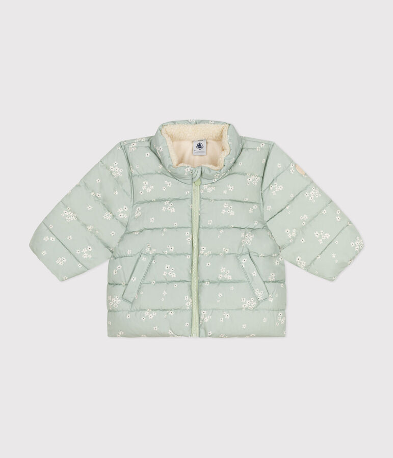 Gemusterte  Baby-Winterjacke mit einrollbarer Kapuze gr&uuml;n/vielfarbig