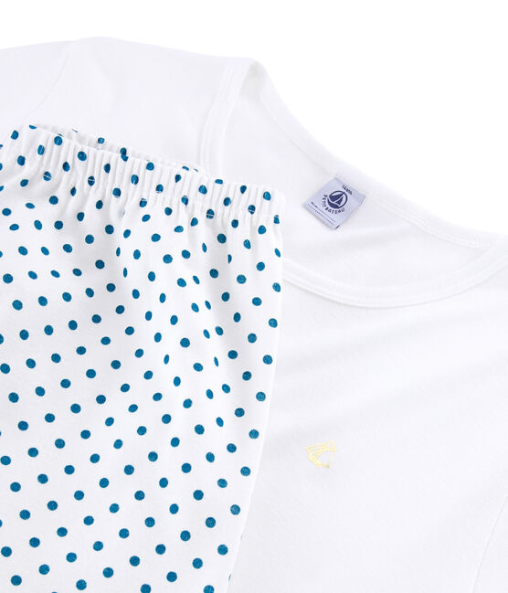 Rippstrick-Pyjama für Mädchen weiss MARSHMALLOW/blau CONTES