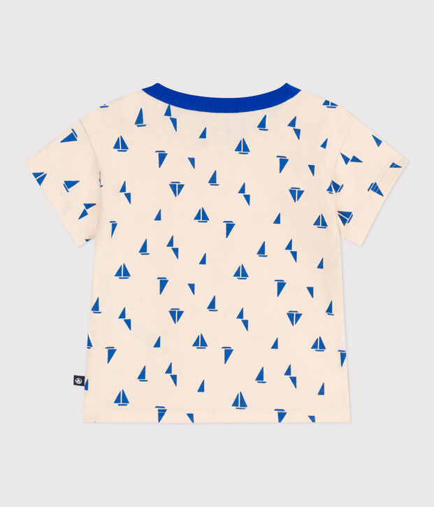 Kurz&auml;rmeliges Baby-T-Shirt aus Baumwolle mit Schiffchenmuster naturfarben/blau