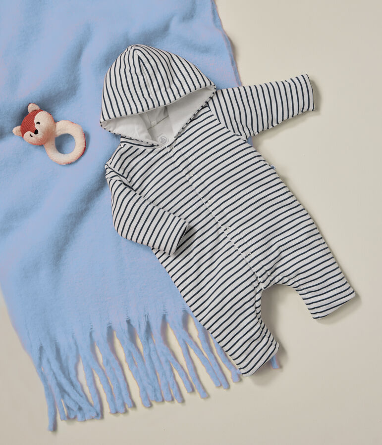 Langer, wattierter Baby-Overall mit Kapuze aus Baumwolle weiss/blau