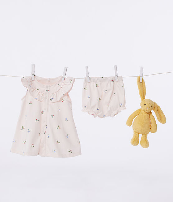 Kurzärmeliges Babykleid aus Baumwolle und Bloomer mit Fruchtmuster rosa FLEUR/weiss MULTICO
