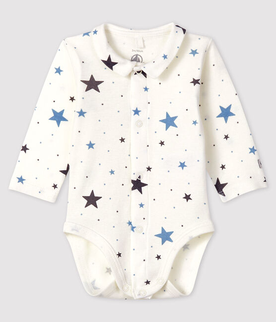 Baby-Body mit Kragen für Jungen aus Rippstrick mit Sternenmuster weiss MARSHMALLOW/weiss MULTICO