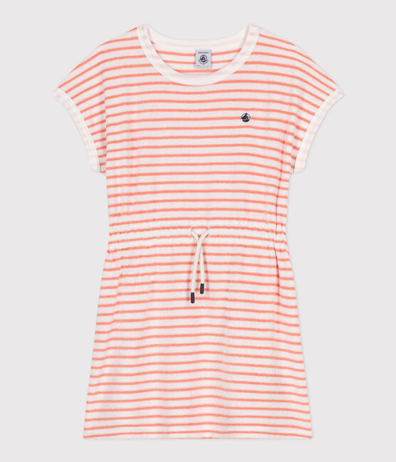 Kurzärmeliges Kinder-Kleid aus Baumwoll-Frottee mit Streifen  orange MARSHMALLOW/ ABRICOT