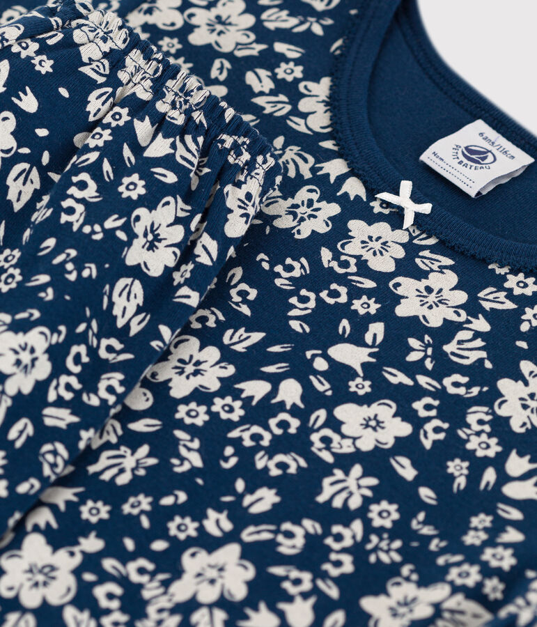 Kinder-Kurzpyjama aus Baumwolle mit Blumenmotiv f&uuml;r M&auml;dchen blau/weiss