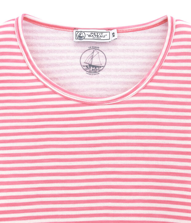 damen-langarmshirt aus woll/baumwollgemisch rosa/weiss