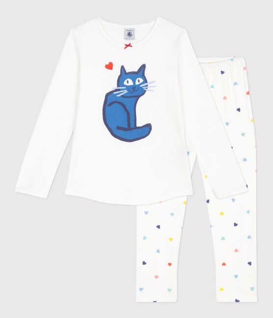 Kinder-Pyjama aus Baumwolle mit Katzenmotiv weiss MARSHMALLOW/weiss MULTICO