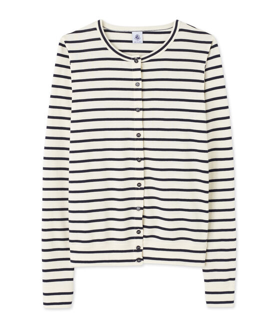 Gestreifter Damen-Cardigan beige COQUILLE/blau SMOKING