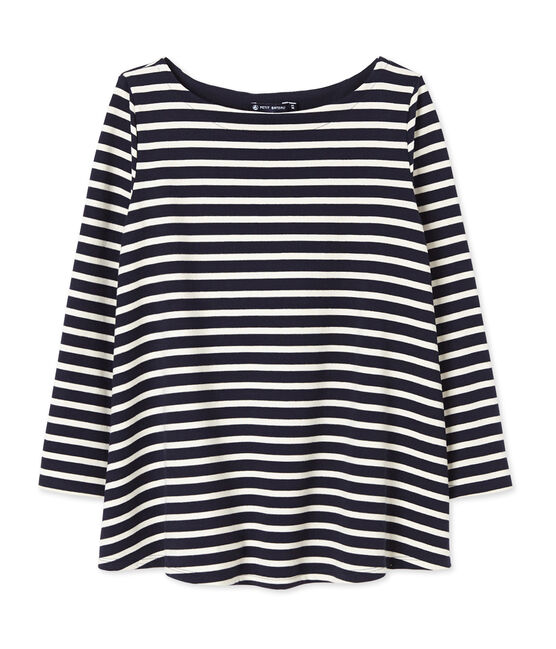 Gestreiftes Damen-Shirt aus schwerem Jersey blau SMOKING/beige COQUILLE