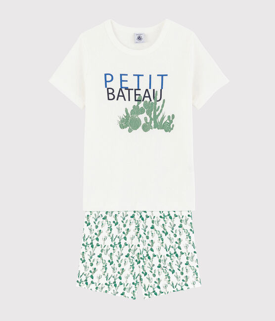 Kinder-Kurzpyjama aus Baumwolle und Leinen mit Kaktusmotiv für Jungen weiss MARSHMALLOW/weiss MULTICO